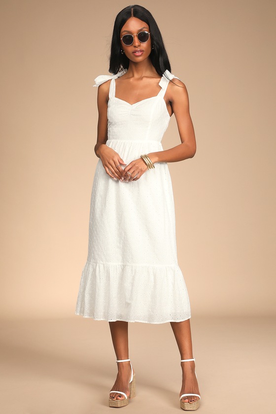 White Midi Dress - Eyelet Ruffled Dress ...